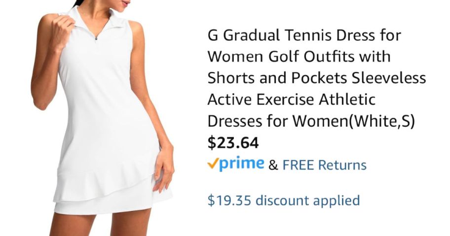 woman wearing white dress next to Amazon pricing information