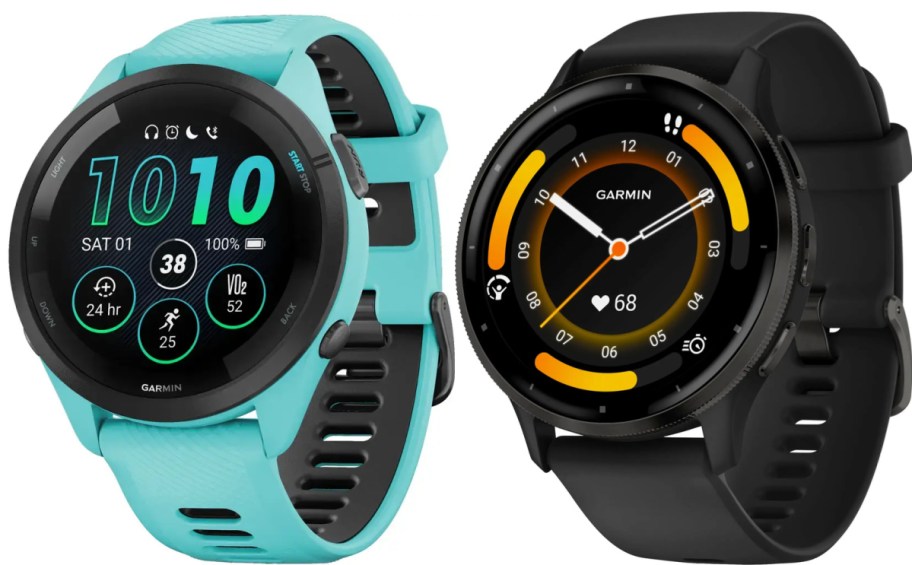 Gamin forerunner watch in teal blue with numbers on it and Gamin venu watch in black with coordinates on it 