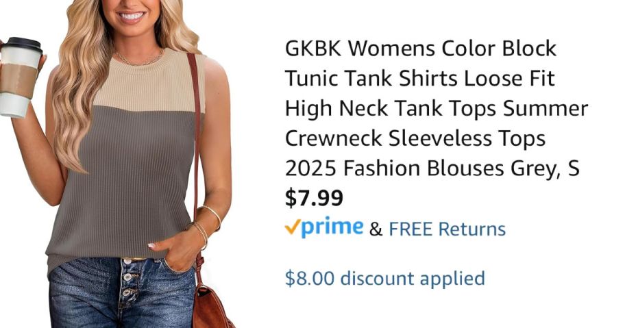 woman wearing tank top next to Amazon pricing information