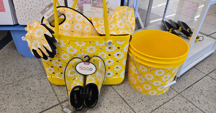 yellow garden accessories with bee and floral print