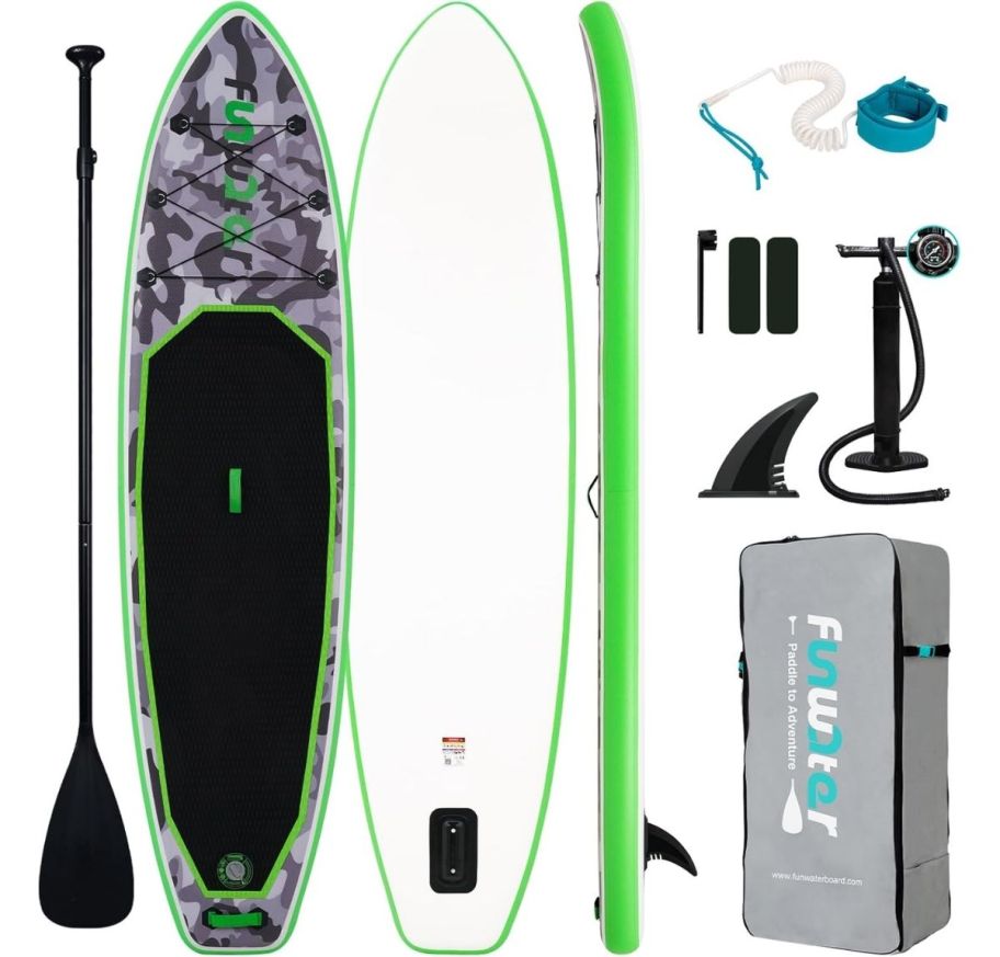a green and black paddle board shown with accessories including air pump, fins, paddle and ankle tether