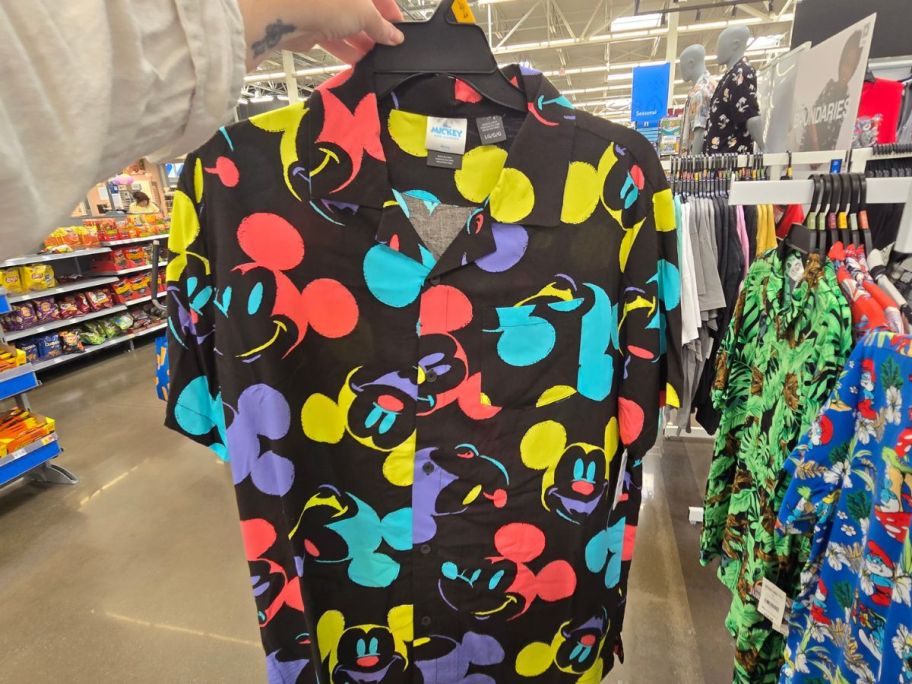 black, yellow, red, green, and purple Disney Mickey Mouse Men's Hawaiian Shirt in store