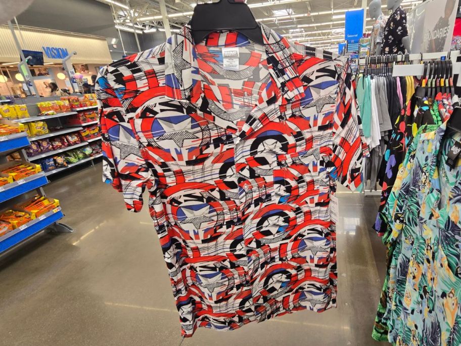 red, white, and blue Captain America Men's Hawaiian Shirt in store