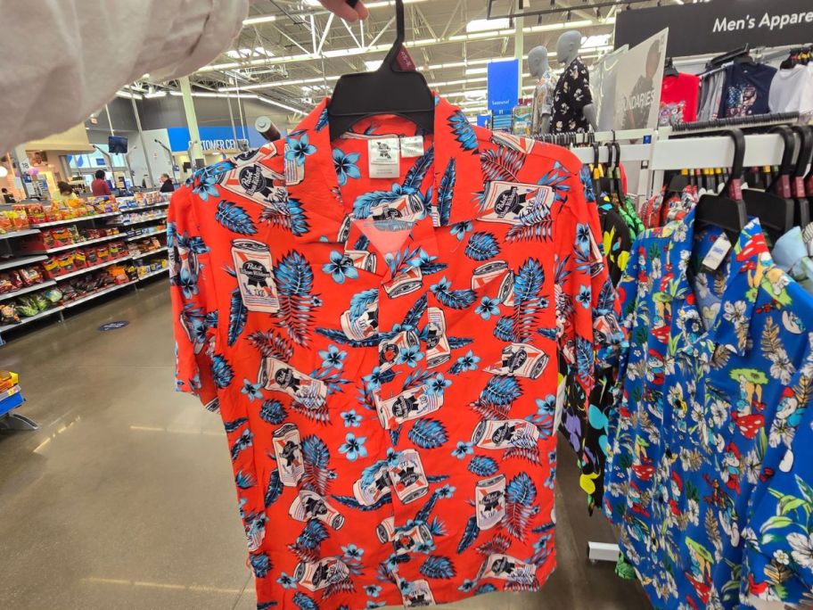 red and blue Pabst Blue Ribbon Men's Hawaiian Shirt in store