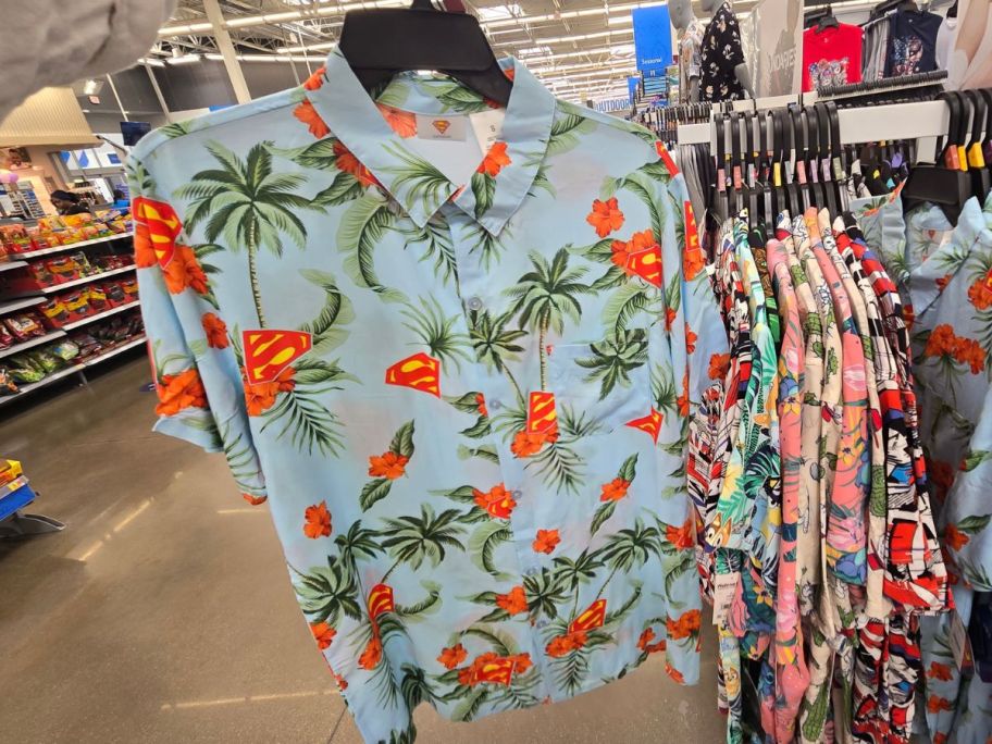 blue, pink, and green Superman Men's Hawaiian Shirt in store