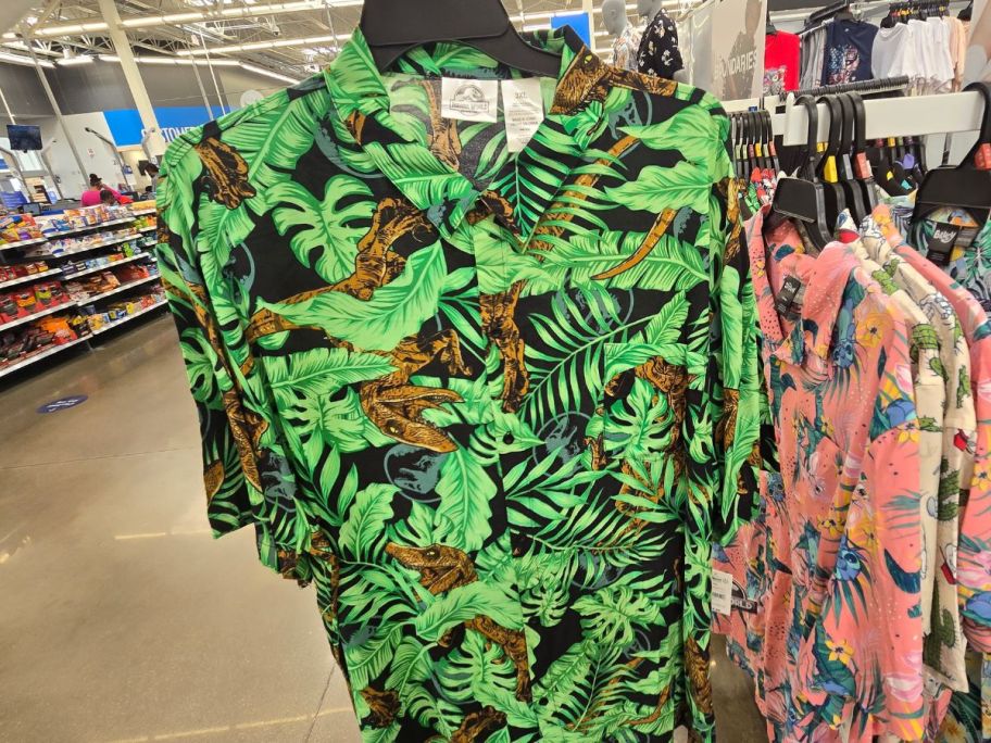 brown, green, and black Jurassic Park Men's Hawaiian Shirt in store
