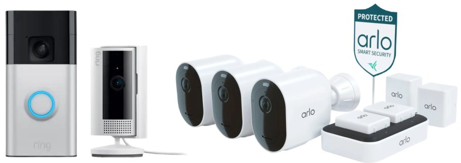 Ring doorbell and camera starter kit next to Arlo outdoor and indoor pro kit