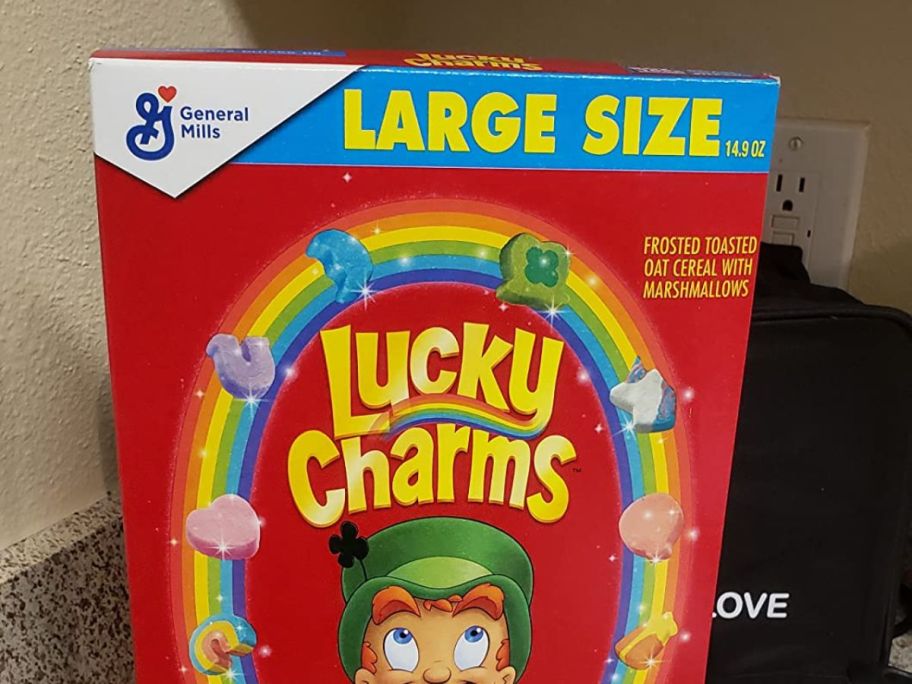 Lucky Charms Cereal 14.9oz Box on counter in kitchen