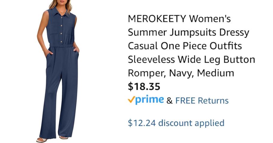 woman wearing navy jumpsuit next to Amazon pricing information