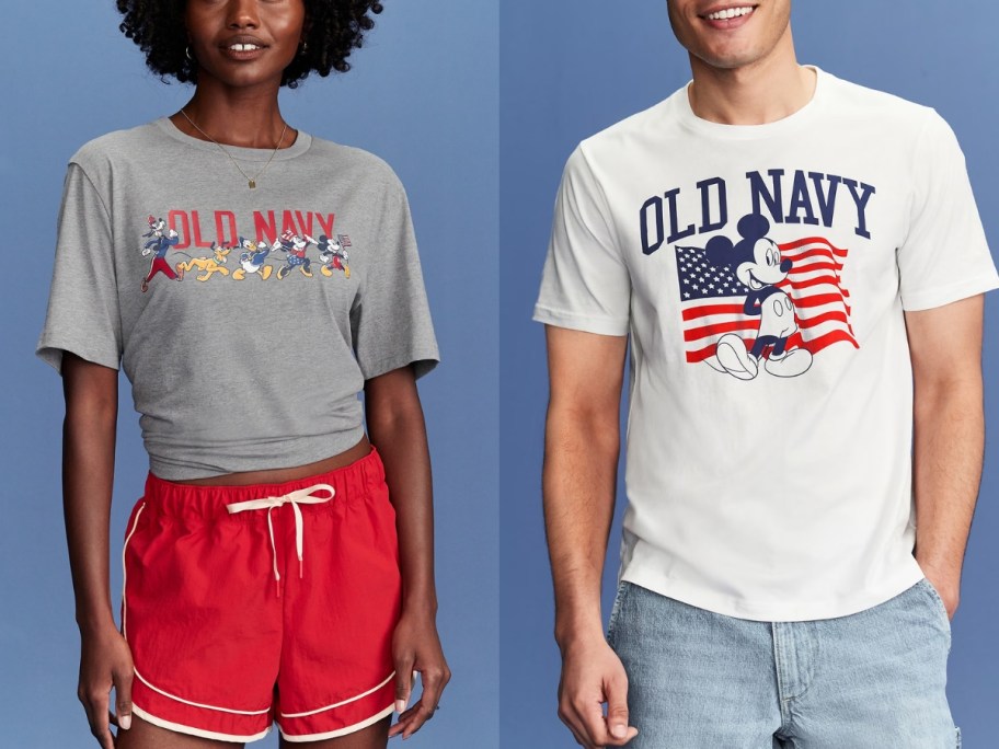 woman and man wearing Old Navy and Disney Mickey Mouse tees
