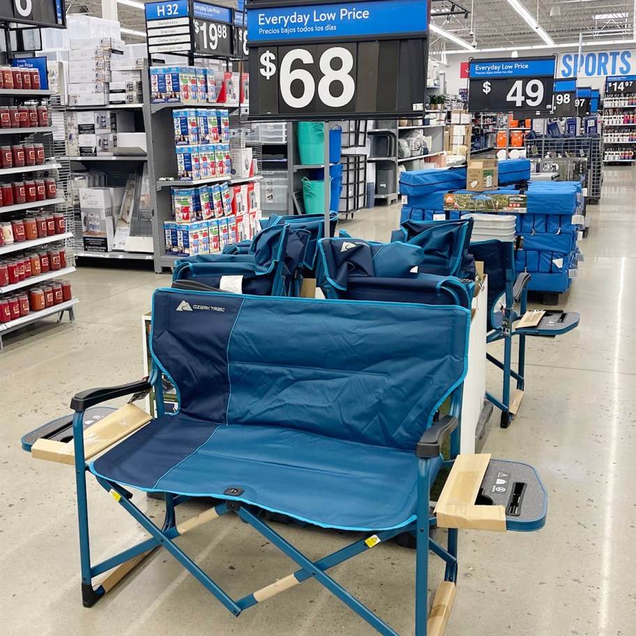 blue ozark trail loveseat in front of display in store 