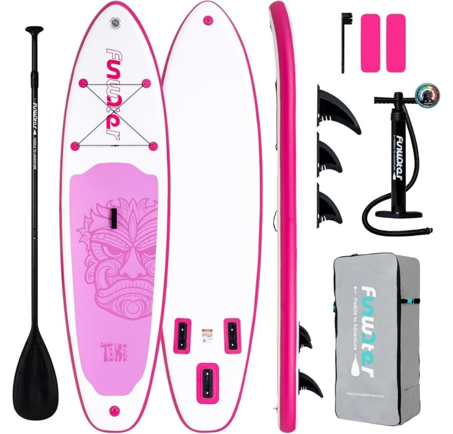 a pink and white paddle board shown with accessories including air pump, fins, paddle and ankle tether