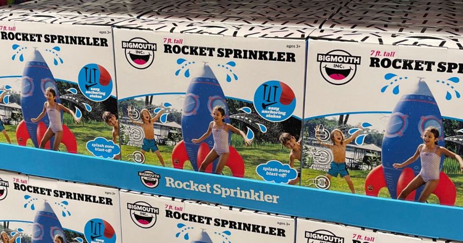 BigMouth 7' Outdoor Giant Rocket Sprinkler boxes stacked in store
