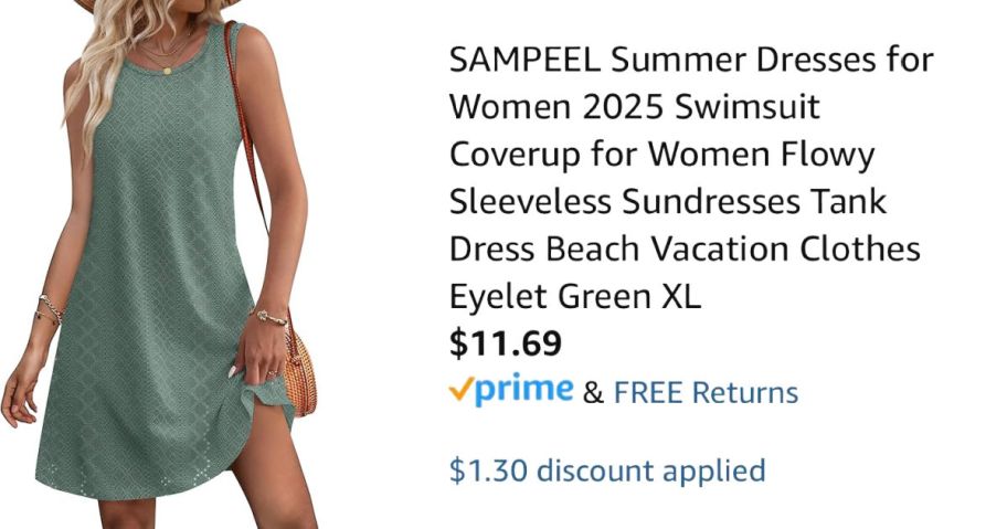 woman wearing green dress next to Amazon pricing information