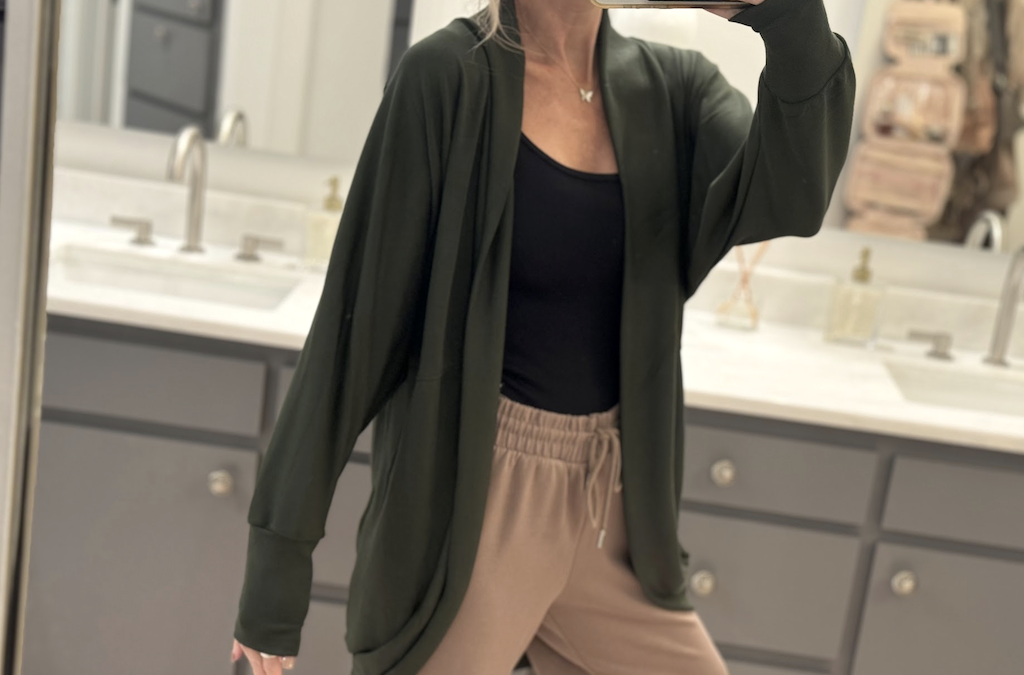 woman wearing Scoop green cardigan