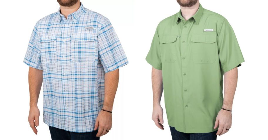 two men wearing a blue plaid and a green Habit Men's UPF 40+ UV Protection Short Sleeve Fishing Shirt