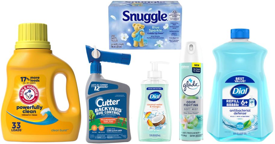 6 household essentials on a white background