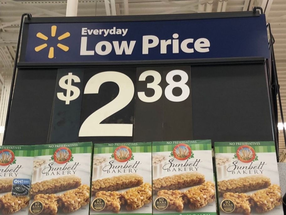 walmart everyday low price sign for $2.38 above boxes of granola bars