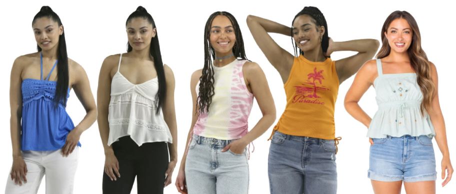 5 women modeling shirts on a white background