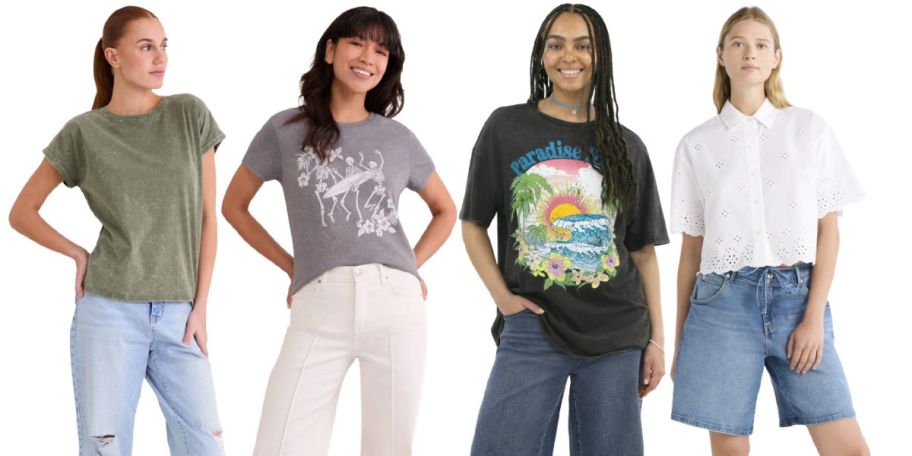 4 women modeling shirts on a white background