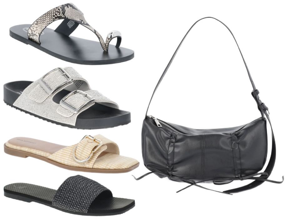 4 sandals and a purse on a white background