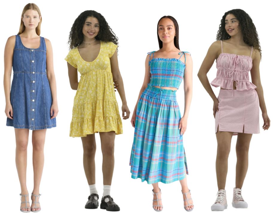 4 women wearing dresses on a white background