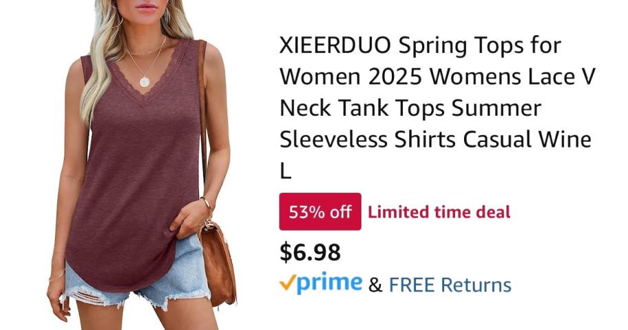 woman wearing maroon tank top next to Amazon pricing information