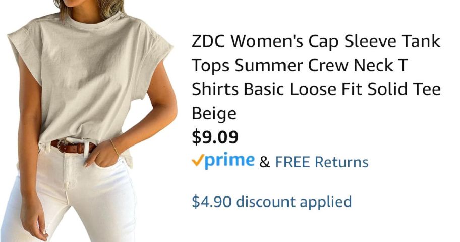woman wearing beige shirt next to Amazon pricing information